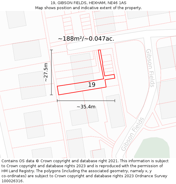 19, GIBSON FIELDS, HEXHAM, NE46 1AS: Plot and title map