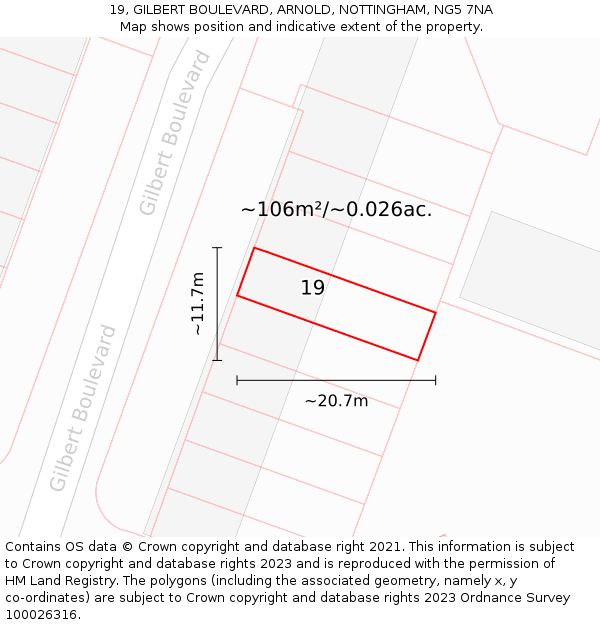 19, GILBERT BOULEVARD, ARNOLD, NOTTINGHAM, NG5 7NA: Plot and title map