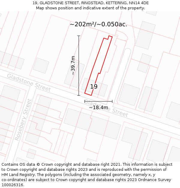 19, GLADSTONE STREET, RINGSTEAD, KETTERING, NN14 4DE: Plot and title map