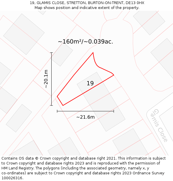19, GLAMIS CLOSE, STRETTON, BURTON-ON-TRENT, DE13 0HX: Plot and title map