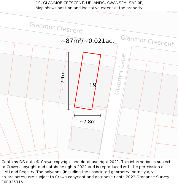 19, GLANMOR CRESCENT, UPLANDS, SWANSEA, SA2 0PJ: Plot and title map