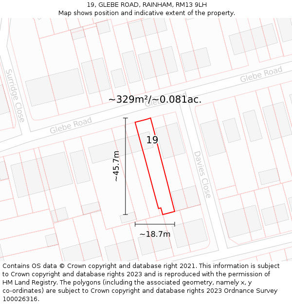 19, GLEBE ROAD, RAINHAM, RM13 9LH: Plot and title map