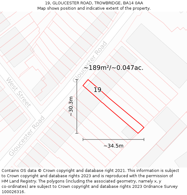 19, GLOUCESTER ROAD, TROWBRIDGE, BA14 0AA: Plot and title map