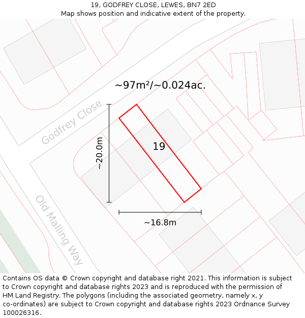 19, GODFREY CLOSE, LEWES, BN7 2ED: Plot and title map