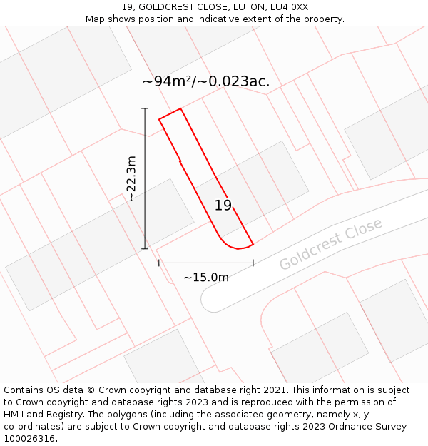 19, GOLDCREST CLOSE, LUTON, LU4 0XX: Plot and title map