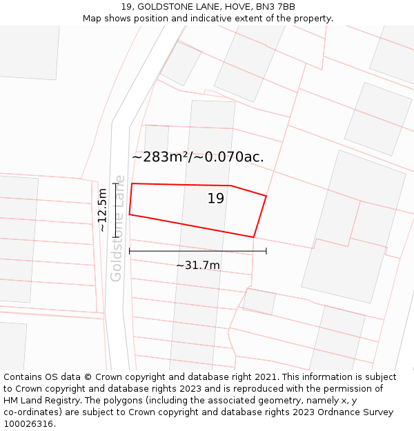 19, GOLDSTONE LANE, HOVE, BN3 7BB: Plot and title map