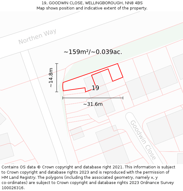 19, GOODWIN CLOSE, WELLINGBOROUGH, NN8 4BS: Plot and title map