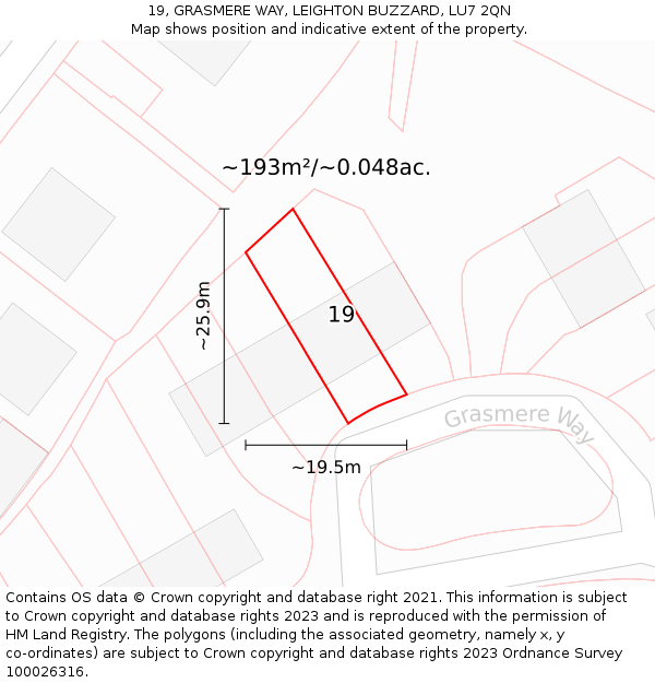 19, GRASMERE WAY, LEIGHTON BUZZARD, LU7 2QN: Plot and title map