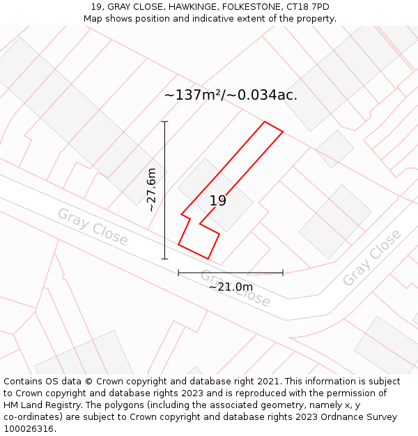 19, GRAY CLOSE, HAWKINGE, FOLKESTONE, CT18 7PD: Plot and title map