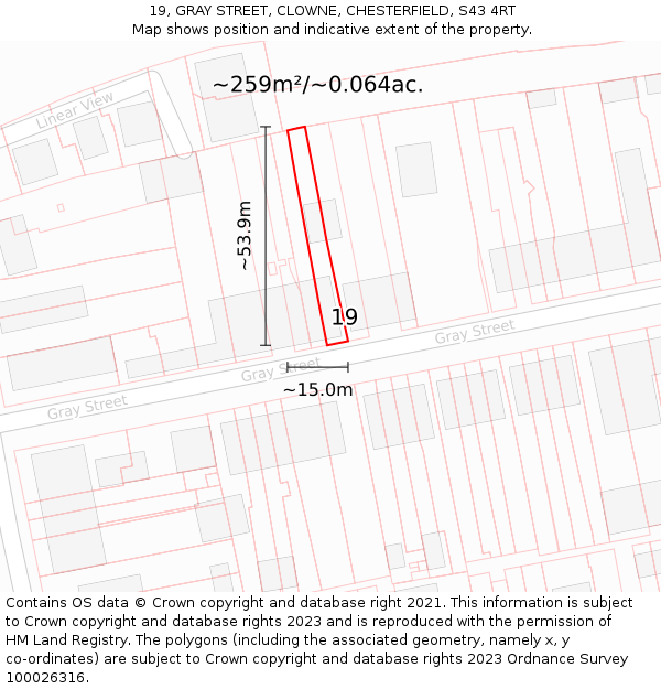 19, GRAY STREET, CLOWNE, CHESTERFIELD, S43 4RT: Plot and title map