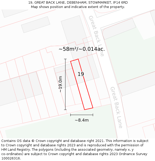 19, GREAT BACK LANE, DEBENHAM, STOWMARKET, IP14 6RD: Plot and title map
