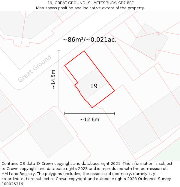 19, GREAT GROUND, SHAFTESBURY, SP7 8FE: Plot and title map