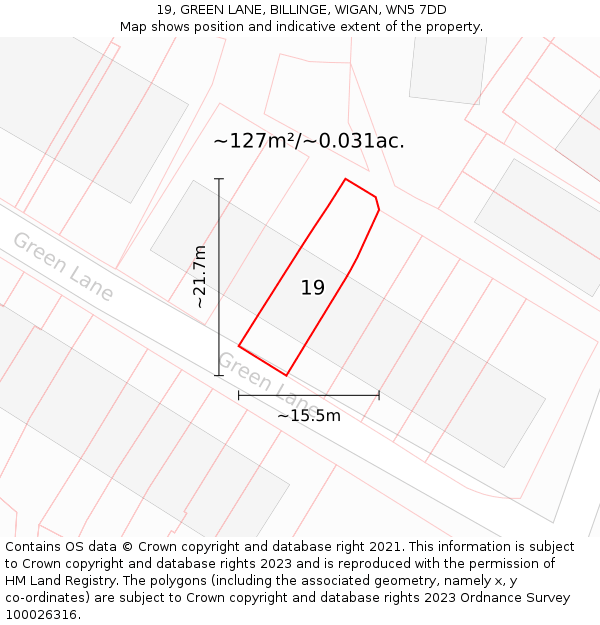 19, GREEN LANE, BILLINGE, WIGAN, WN5 7DD: Plot and title map