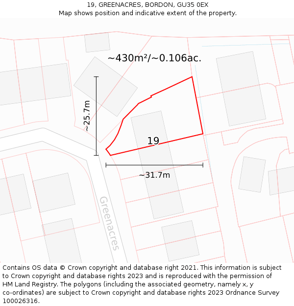19, GREENACRES, BORDON, GU35 0EX: Plot and title map