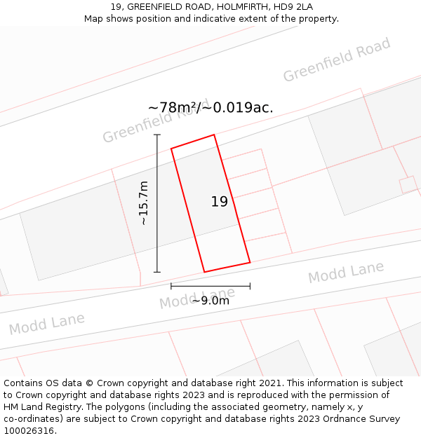 19, GREENFIELD ROAD, HOLMFIRTH, HD9 2LA: Plot and title map