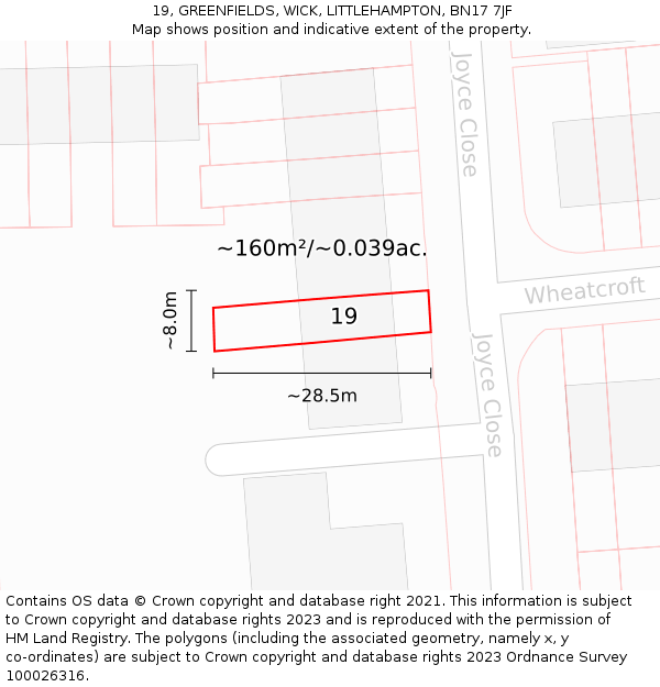 19, GREENFIELDS, WICK, LITTLEHAMPTON, BN17 7JF: Plot and title map