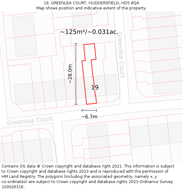 19, GREENLEA COURT, HUDDERSFIELD, HD5 8QA: Plot and title map