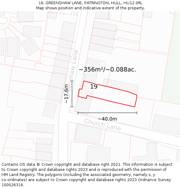 19, GREENSHAW LANE, PATRINGTON, HULL, HU12 0RL: Plot and title map