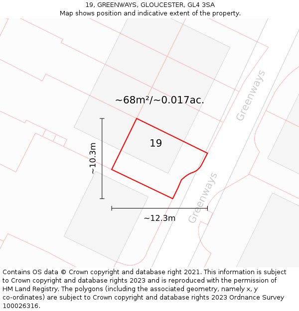 19, GREENWAYS, GLOUCESTER, GL4 3SA: Plot and title map