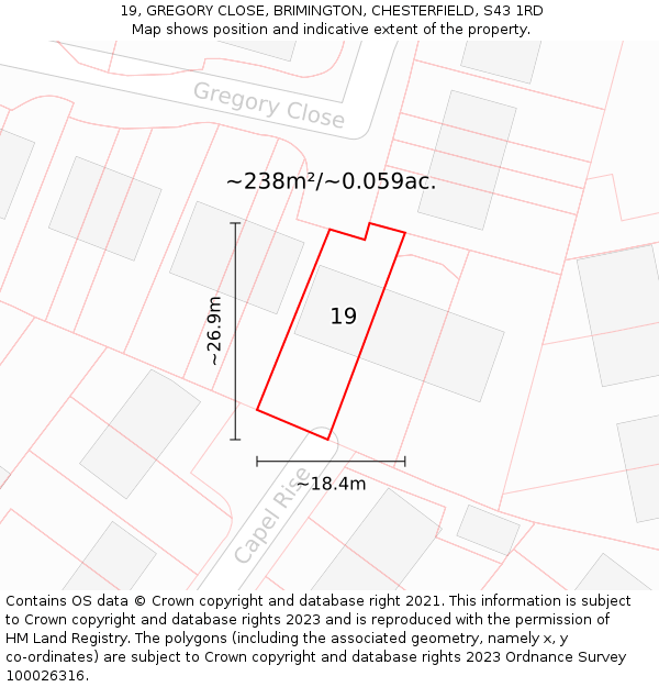 19, GREGORY CLOSE, BRIMINGTON, CHESTERFIELD, S43 1RD: Plot and title map