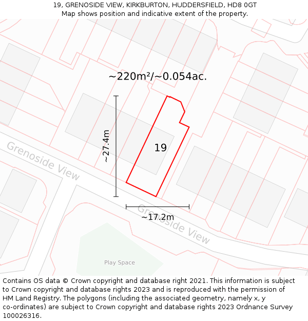 19, GRENOSIDE VIEW, KIRKBURTON, HUDDERSFIELD, HD8 0GT: Plot and title map