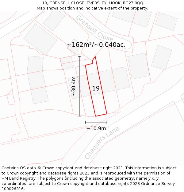19, GRENSELL CLOSE, EVERSLEY, HOOK, RG27 0QQ: Plot and title map