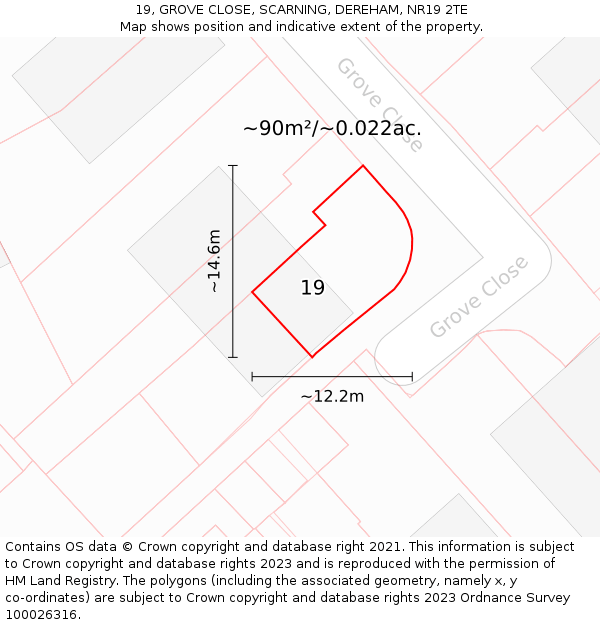 19, GROVE CLOSE, SCARNING, DEREHAM, NR19 2TE: Plot and title map