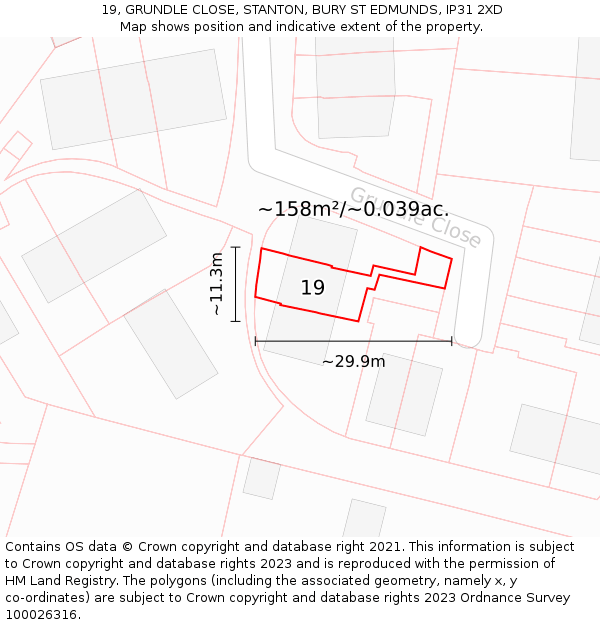 19, GRUNDLE CLOSE, STANTON, BURY ST EDMUNDS, IP31 2XD: Plot and title map