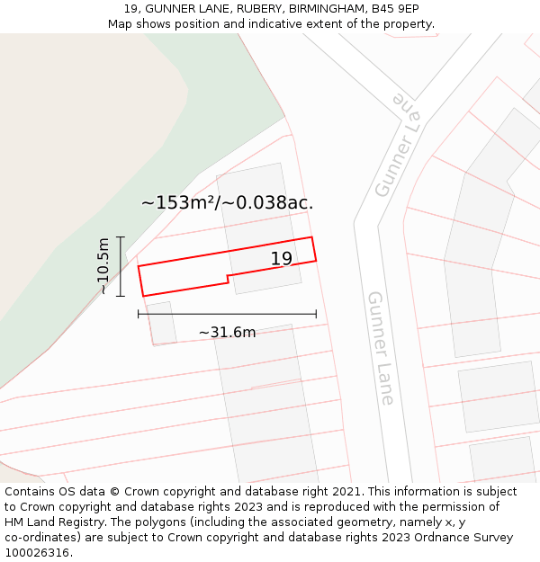 19, GUNNER LANE, RUBERY, BIRMINGHAM, B45 9EP: Plot and title map
