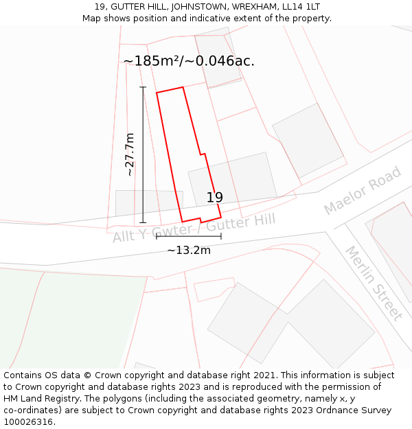 19, GUTTER HILL, JOHNSTOWN, WREXHAM, LL14 1LT: Plot and title map