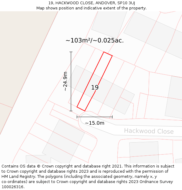 19, HACKWOOD CLOSE, ANDOVER, SP10 3UJ: Plot and title map
