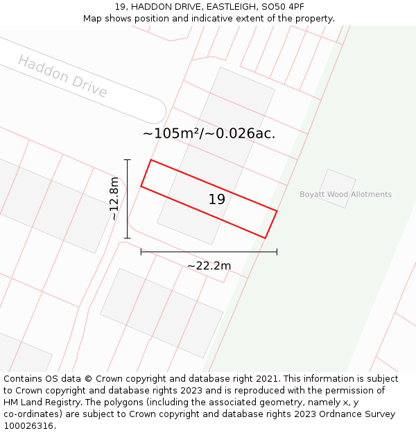 19, HADDON DRIVE, EASTLEIGH, SO50 4PF: Plot and title map