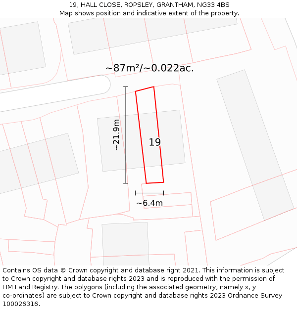 19, HALL CLOSE, ROPSLEY, GRANTHAM, NG33 4BS: Plot and title map