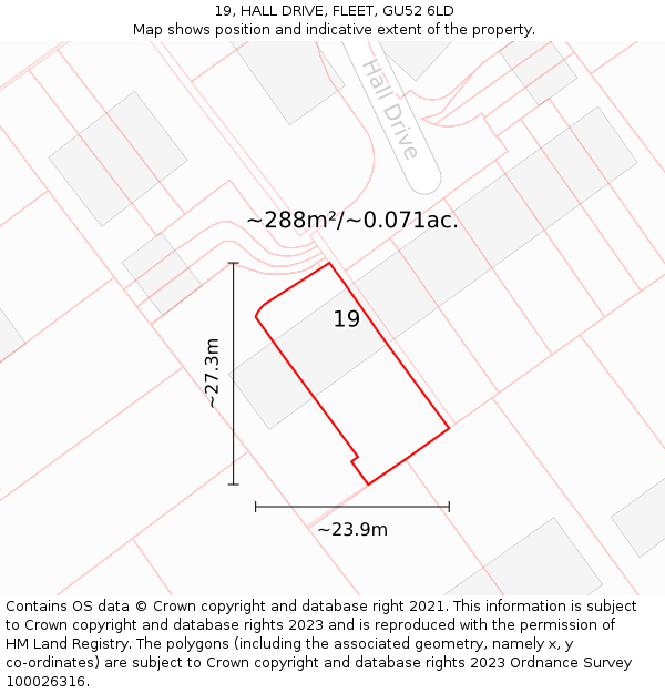 19, HALL DRIVE, FLEET, GU52 6LD: Plot and title map
