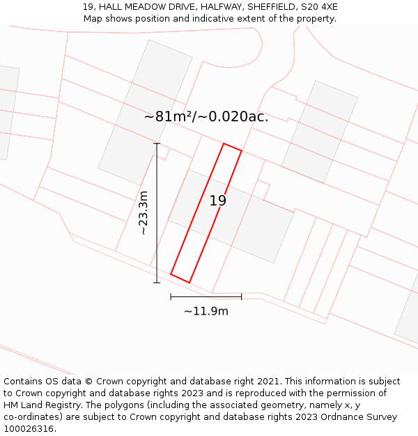 19, HALL MEADOW DRIVE, HALFWAY, SHEFFIELD, S20 4XE: Plot and title map