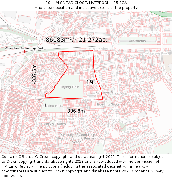 19, HALSNEAD CLOSE, LIVERPOOL, L15 8GA: Plot and title map