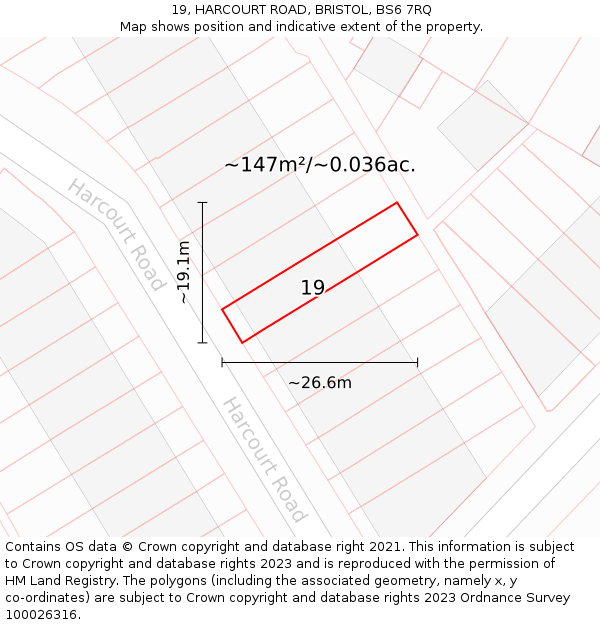 19, HARCOURT ROAD, BRISTOL, BS6 7RQ: Plot and title map
