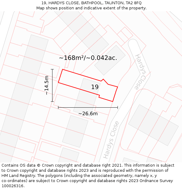 19, HARDYS CLOSE, BATHPOOL, TAUNTON, TA2 8FQ: Plot and title map