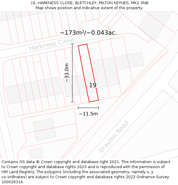 19, HARKNESS CLOSE, BLETCHLEY, MILTON KEYNES, MK2 3NB: Plot and title map
