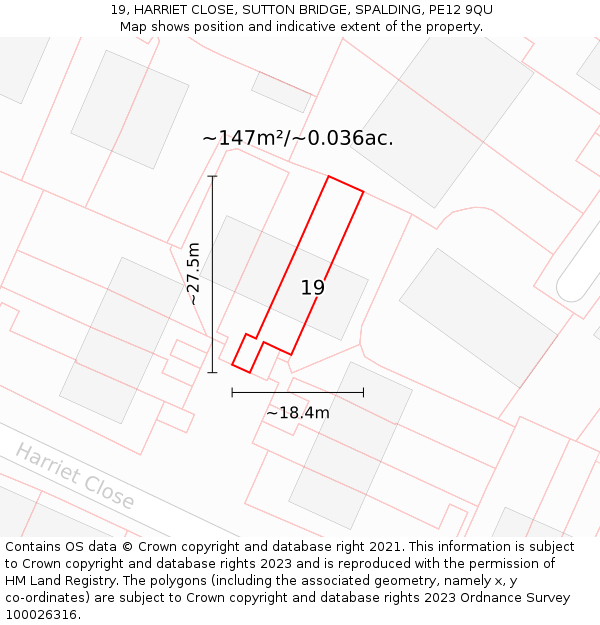 19, HARRIET CLOSE, SUTTON BRIDGE, SPALDING, PE12 9QU: Plot and title map
