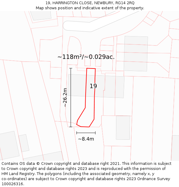 19, HARRINGTON CLOSE, NEWBURY, RG14 2RQ: Plot and title map