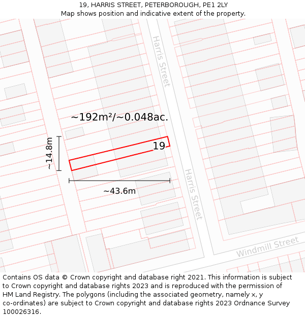 19, HARRIS STREET, PETERBOROUGH, PE1 2LY: Plot and title map