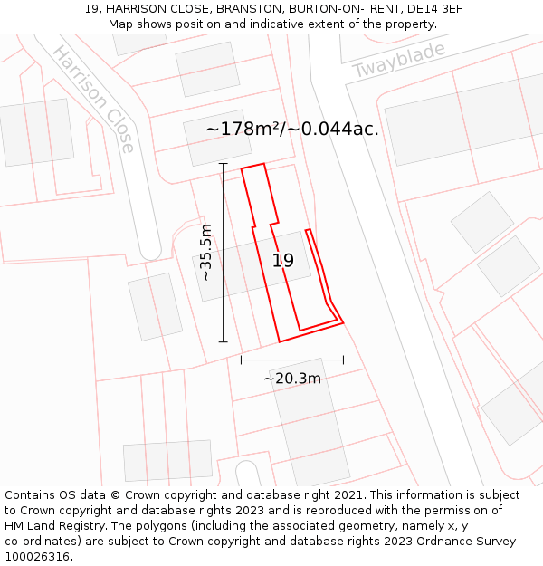 19, HARRISON CLOSE, BRANSTON, BURTON-ON-TRENT, DE14 3EF: Plot and title map