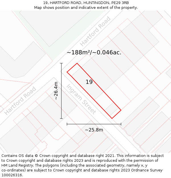 19, HARTFORD ROAD, HUNTINGDON, PE29 3RB: Plot and title map
