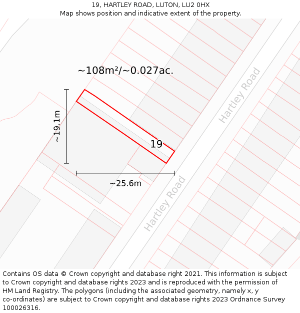 19, HARTLEY ROAD, LUTON, LU2 0HX: Plot and title map