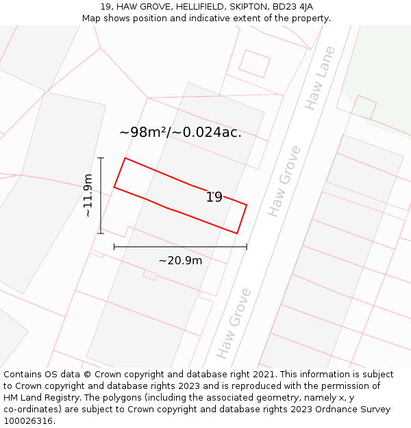 19, HAW GROVE, HELLIFIELD, SKIPTON, BD23 4JA: Plot and title map