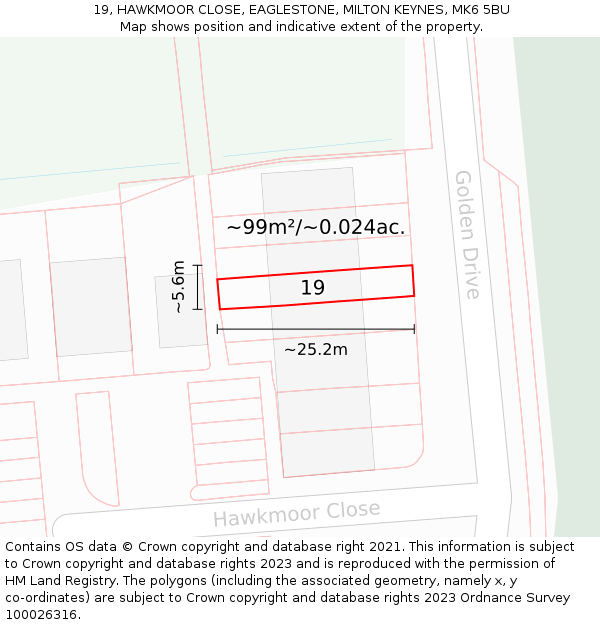 19, HAWKMOOR CLOSE, EAGLESTONE, MILTON KEYNES, MK6 5BU: Plot and title map