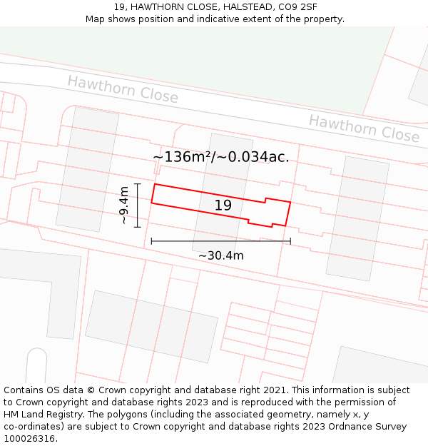 19, HAWTHORN CLOSE, HALSTEAD, CO9 2SF: Plot and title map