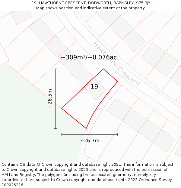 19, HAWTHORNE CRESCENT, DODWORTH, BARNSLEY, S75 3JY: Plot and title map