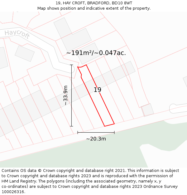 19, HAY CROFT, BRADFORD, BD10 8WT: Plot and title map